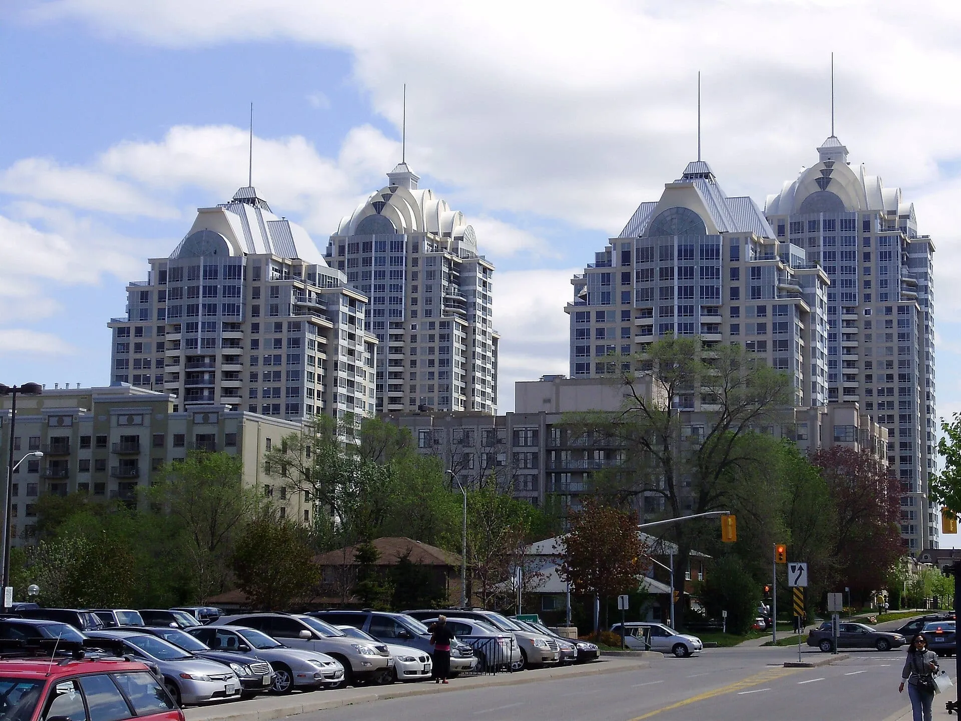 Condo towers rising above tree-lined streets south of Sheppard Avenue East in Bayview Village, Toronto.
