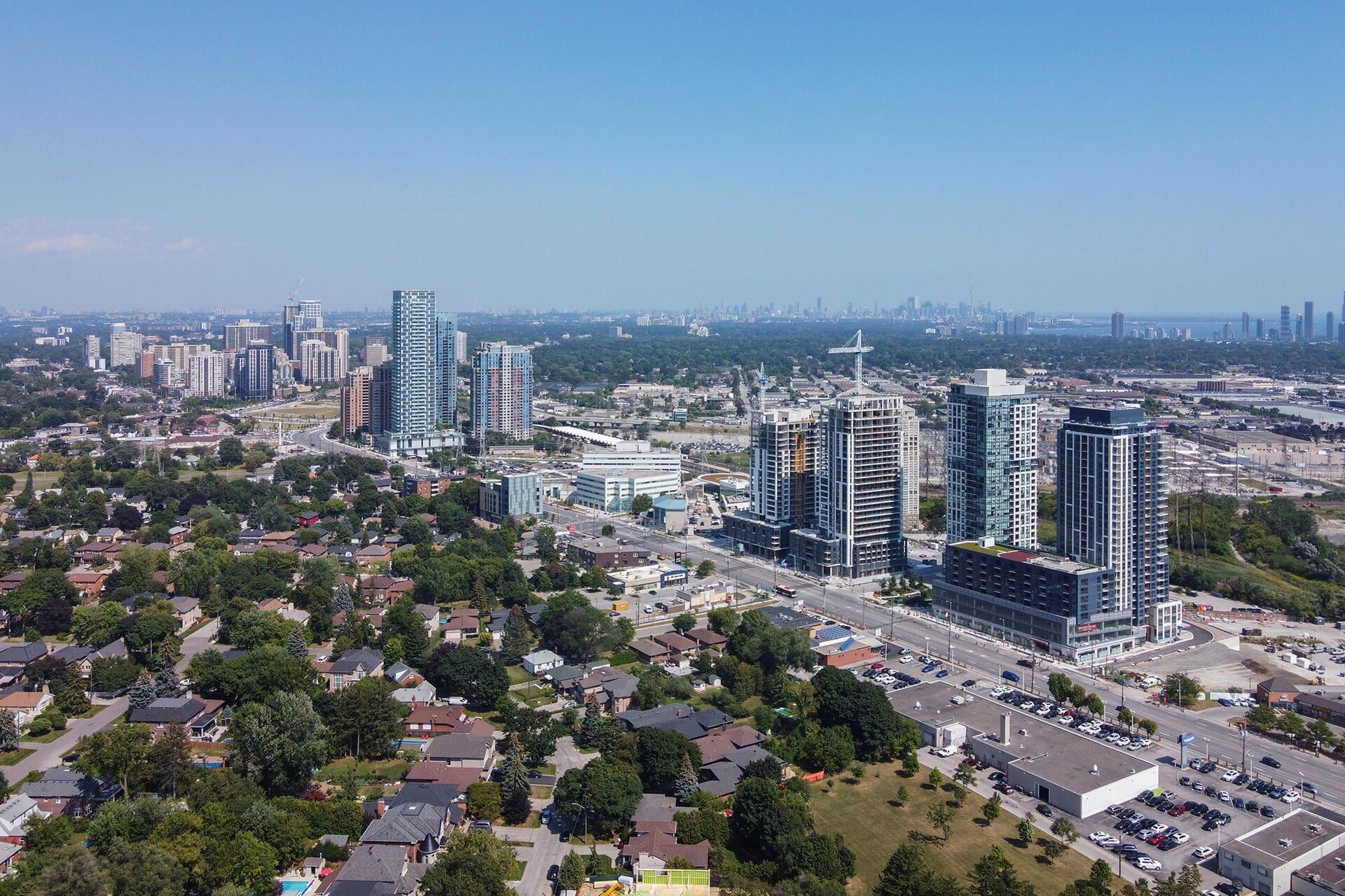 Aerial view of new high-rise towers and surrounding homes in Islington-City Centre West, Etobicoke.